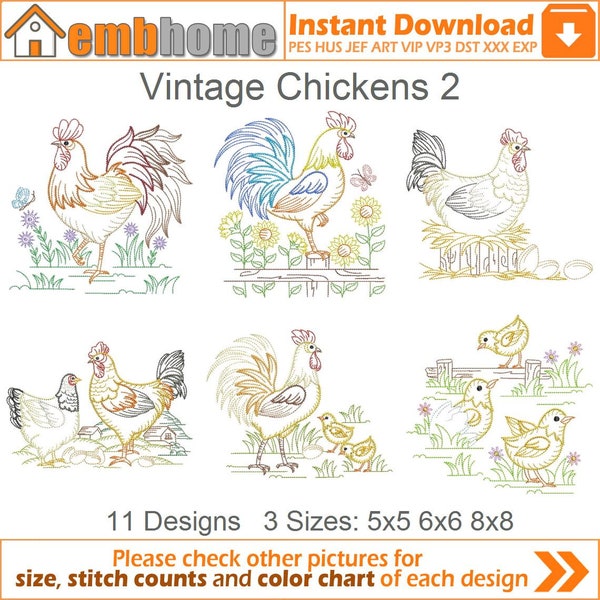 Vintage Chickens Machine Embroidery Designs Pack Instant Download 5x5 6x6 8x8 hoop 11 designs APE2769