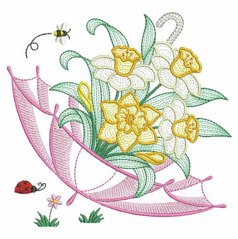 Puede incluir: Un dise&ntilde;o bordado de una sombrilla rosa con un ramo de narcisos amarillos y hojas verdes. Tambi&eacute;n se incluye una abeja y una mariquita en el dise&ntilde;o.