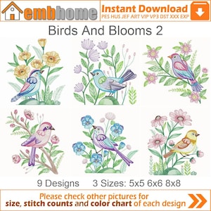 Birds And Blooms Machine Embroidery Designs Instant Download 5x5 6x6 8x8 hoop 9 designs APE3444