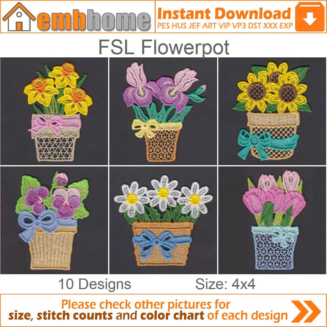 FSL Flowerpot Free Standing Lace Machine Embroidery Designs Instant ...
