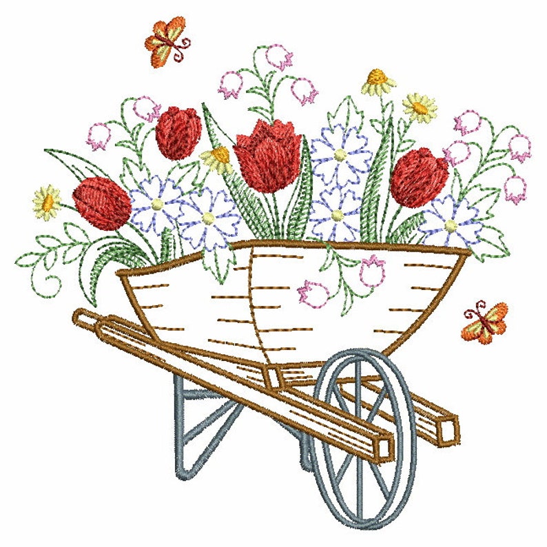 May include: A brown wooden wheelbarrow filled with red tulips, white daisies, and other colorful flowers. Two orange butterflies are flying above the wheelbarrow.