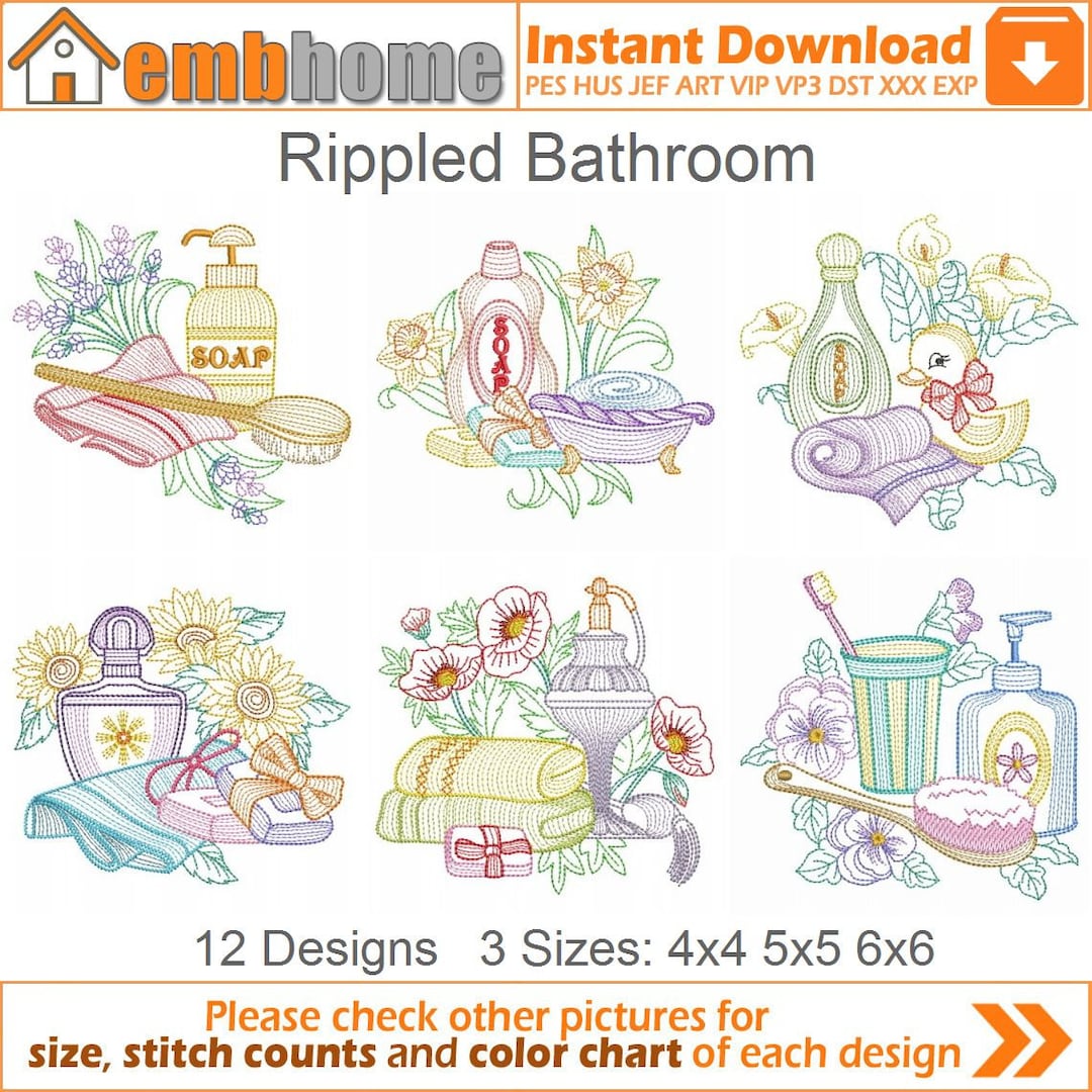 Rippled Bathroom Machine Embroidery Designs Pack Instant Download 4x4
