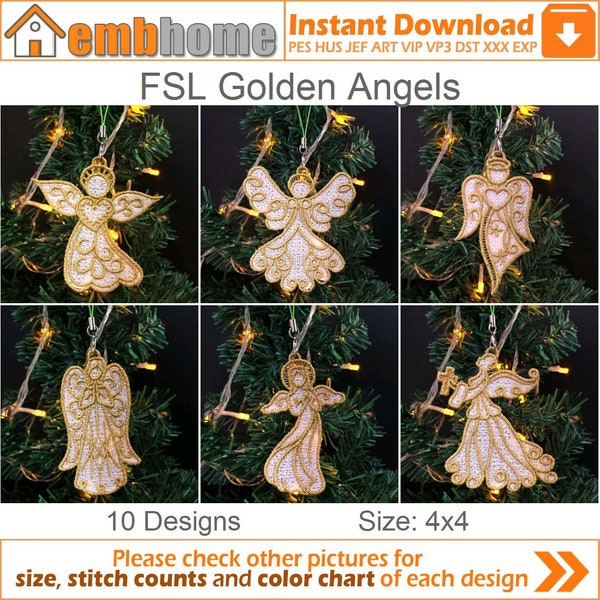 FSL Golden Angels Machine à dentelle autoportante Broderie Designs Téléchargement instantané 4x4 cerceau 10 dessins APE3353