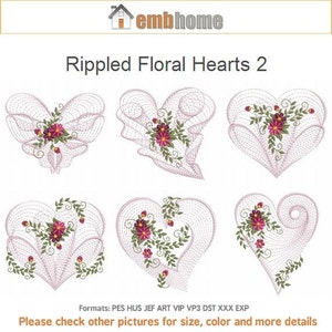 Könnte beinhalten: Sechs Stickmuster von rosa Herzen mit floralen Details. Die Designs sind mit "Rippled Floral Hearts 2" betitelt. Die Stickdateiformate sind unter den Designs aufgelistet: PES, HUS, JEF, ART, VIP, VP3, DST, XXX, EXP.