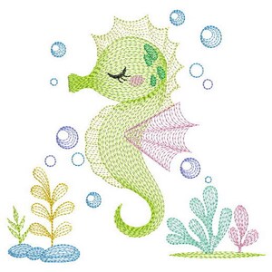 May include: Embroidered design of a green and pink seahorse with closed eyes, surrounded by blue bubbles and green seaweed.
