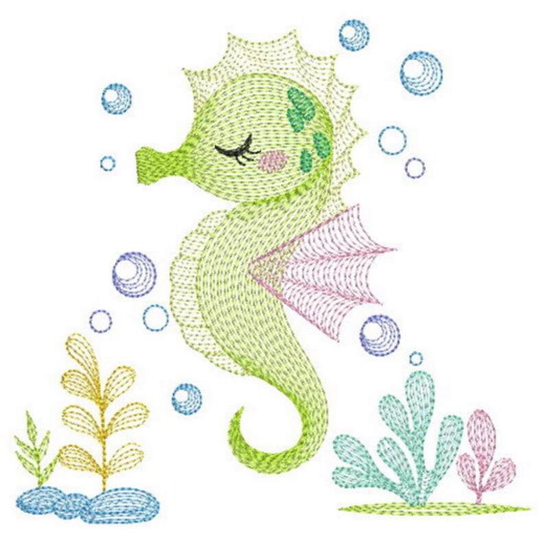 May include: Embroidered design of a green and pink seahorse with closed eyes, surrounded by blue bubbles and green seaweed.