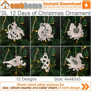 May include: A collection of white, embroidered Christmas ornaments, each with a unique design, including birds and decorative shapes. The ornaments are displayed against a backdrop of a Christmas tree. The image includes the text "FSL 12 Days of Christmas Ornaments".