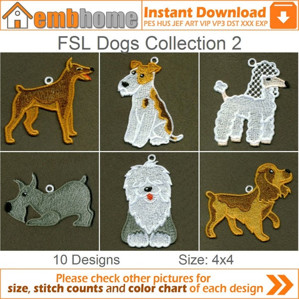 FSL Dogs Cute Animal Ornament Free Standing Lace Machine Embroidery Designs Instant Download 4x4 hoop 10 designs APE1781
