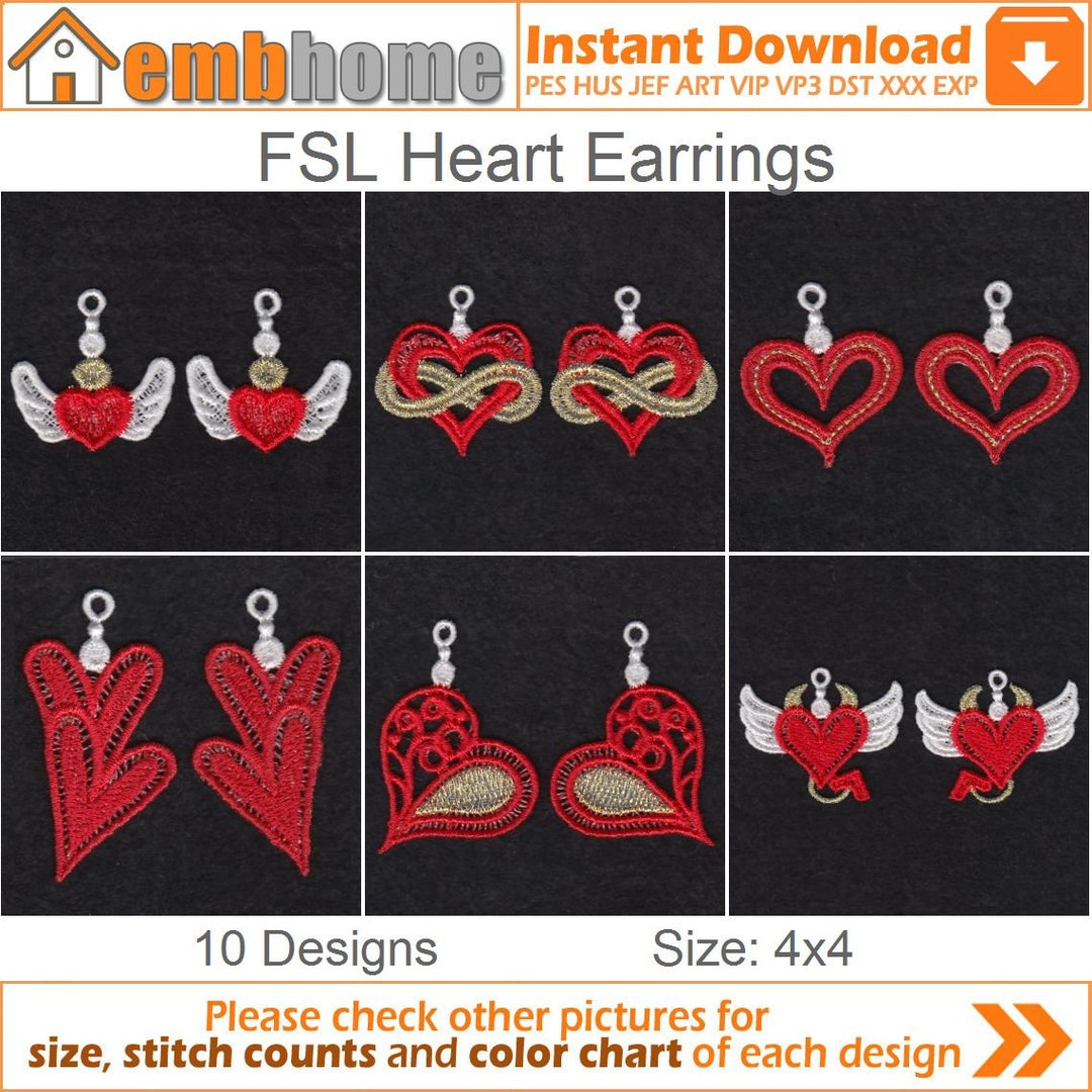 FSL Heart Earrings Free Standing Lace Machine Embroidery Designs ...