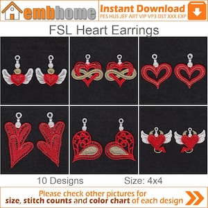 FSL Heart Earrings Free Standing Lace Machine Embroidery Designs Instant Download 4x4 hoop 10 designs SHE5282