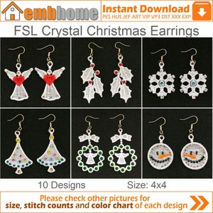 FSL Crystal Christmas Earrings Free Standing Lace Machine Embroidery Designs Instant Download 4x4 hoop 10 designs APE2431