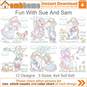 Könnte beinhalten: Ein Set mit 12 Stickmustern, die Kinder namens Sue und Sam zeigen. Die Designs beinhalten Sue und Sam, die mit einem Huhn spielen, auf einer Schaukel sitzen, Vögel füttern, einen Baum pflanzen und einen Drachen steigen lassen. Die Designs sind in drei Größen erhältlich: 4x4, 5x5 und 6x6 Zoll.
