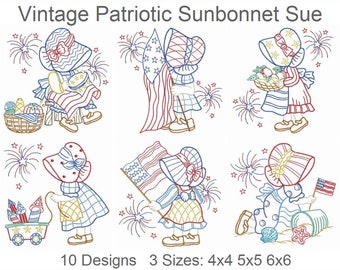 Vintage Patriotic Sunbonnet Sue Machine Embroidery Designs Pack Instant Download 4x4 5x5 6x6 hoop 10 designs APE3436