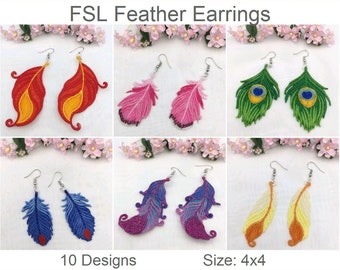 FSL Feather Earrings Free Standing Lace Machine Embroidery Designs Instant Download 4x4 hoop 10 designs APE2900