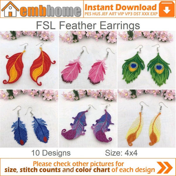 FSL Feather Earrings Free Standing Lace Machine Broderie Designs Téléchargement instantané 4x4 cerceau 10 dessins APE2900