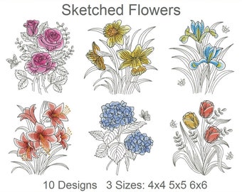 Sketched Flowers Machine Embroidery Designs Instant Download 4x4 5x5 6x6 hoop 10 designs APE2948