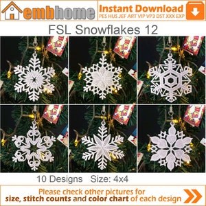 May include: A set of 10 white snowflake embroidery designs, each measuring 4x4 inches. The designs are shown on a green Christmas tree with red and white ornaments. The text "FSL Snowflakes 12" is displayed at the top of the image.