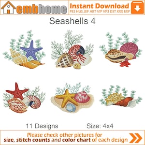 Può includere: Un set di 11 ricami che rappresentano conchiglie, stelle marine e alghe. I ricami sono di dimensioni 4x4 pollici. Il testo "Seashells 4" è visualizzato nella parte superiore dell'immagine.