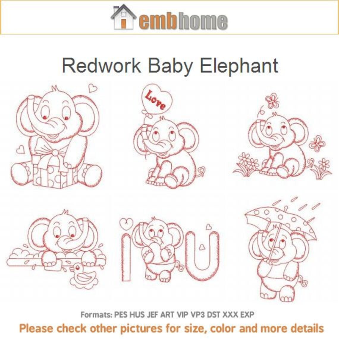 Redwork Baby Elephant Adorable Animal Machine Embroidery Etsy
