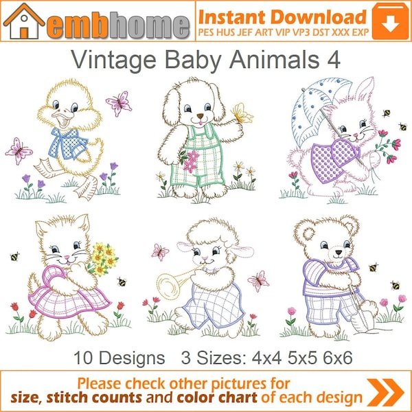 Vintage Baby Animals Machine Embroidery Designs Instant Download 4x4 5x5 6x6 hoop 10 designs APE2291