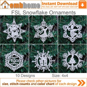 FSL Snowflake Adornos Diseños de bordado de máquina de encaje independiente Descarga instantánea 4x4 aro 10 diseños APE3468