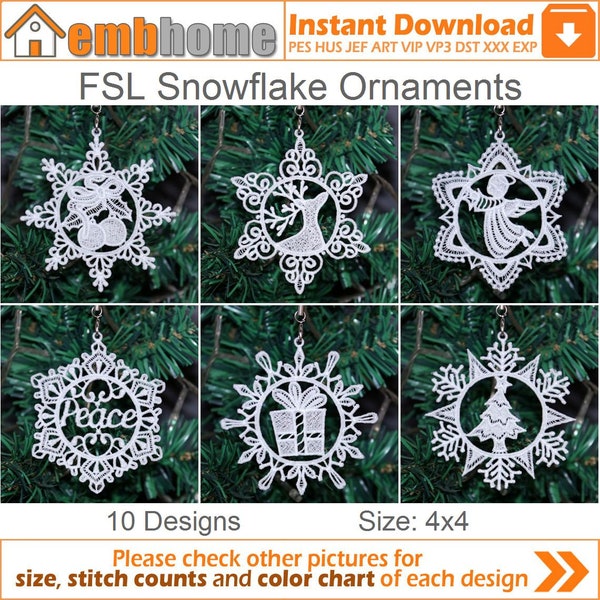 FSL Schneeflocke Ornamente frei stehende Spitze Maschinenstickerei Designs Instant Download 4x4 Stickrahmen 10 Designs APE3468