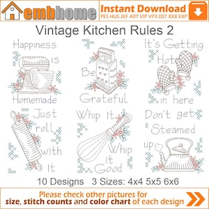 Puede incluir: Un conjunto de 10 diseños de bordado que presentan reglas de cocina vintage e imágenes de utensilios de cocina. Los diseños incluyen frases como "La felicidad es casera", "Sé agradecido", "Solo rueda con ella", "Bátelo bien", y "Se está poniendo caliente aquí".