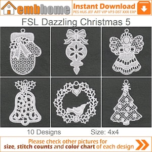 FSL Dazzling Christmas Free Standing Lace Machine Embroidery Designs Instant Download 4x4 hoop 10 designs APE2106