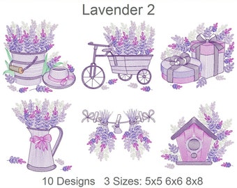 May include: 10 embroidery designs featuring lavender flowers in various arrangements, including a bucket, a wagon, a birdhouse, and a vase. The designs are available in three sizes: 5x5, 6x6, and 8x8 inches.