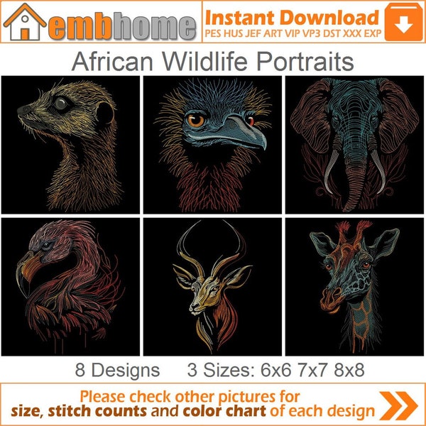 Afrikanische Wildtiere Portraits Maschinenstickerei Designs Instant Download 6 x 6 7 x 7 8 x 8 Stickrahmen 8 Designs SHE5536