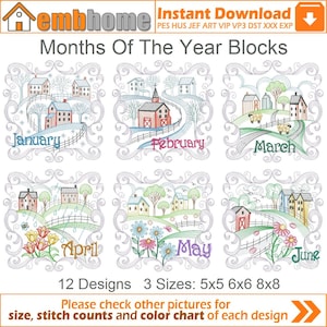 Months Of The Year Blocks Machine Embroidery Designs Instant Download 5x5 6x6 8x8 hoop 12 designs APE3251