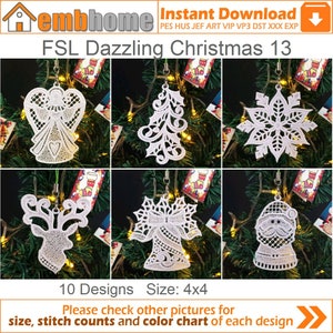 FSL Dazzling Christmas Free Standing Lace Christmas Ornament Machine Embroidery Designs Instant Download 4x4 hoop 10 designs APE3131
