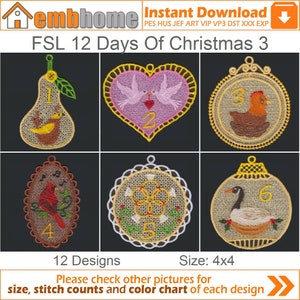 FSL 12 Days Of Christmas Free Standing Lace Machine Embroidery Designs Instant Download 4x4 hoop 12 designs APE2379