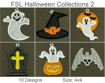 Może przedstawiać: Kolekcja wzorów FSL na Halloween, w tym duch, kapelusz czarownicy, nagrobek i nietoperz, wszystkie ze skomplikowanymi detalami haftu. Wzory mają rozmiar 4x4 i są idealne do różnych projektów rzemieślniczych. Obraz zawiera również tekst "FSL Halloween Collections 2".