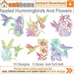 Rippled Hummingbirds And Flowers Machine Embroidery Designs Instant Download 4x4 5x5 6x6 hoop 10 designs APE3426