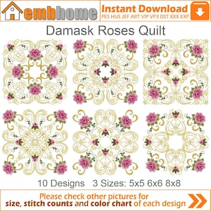 Damask Roses Quilt Machine Embroidery Designs Pack Instant Download 5x5 6x6 8x8 hoop 10 designs APE2689