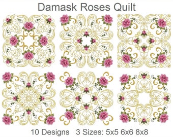 Könnte beinhalten: Zehn Stickmuster mit Damastrosen in einem Quiltmuster. Die Designs sind in drei Größen erhältlich: 5x5, 6x6 und 8x8 Zoll.