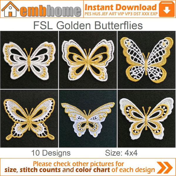 FSL Golden Butterflies Free Standing Lace Machine Embroidery Designs Instant Download 4x4 hoop 10 designs APE2500