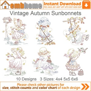 Vintage Autumn Sunbonnets Machine Embroidery Designs Pack Instant Download 4x4 5x5 6x6 hoop 10 designs SHE5438