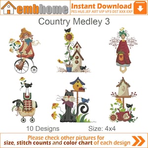 Può includere: Un set di 10 ricami con tema country. I disegni includono una ragazza che guida una bicicletta, una casetta per uccelli con un gatto, una casetta per uccelli con una coccinella, una casetta per uccelli con un girasole, una pecora che tira un carro e un angelo. I disegni sono tutti di dimensioni 4x4 pollici.