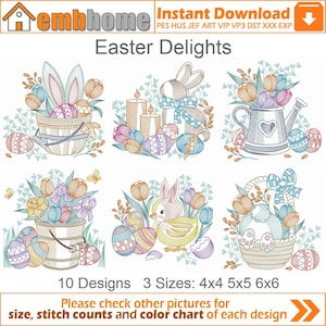 May include: Ten embroidery designs featuring Easter themes, including bunnies, chicks, baskets, and eggs. The designs are available in three sizes: 4x4, 5x5, and 6x6 inches.