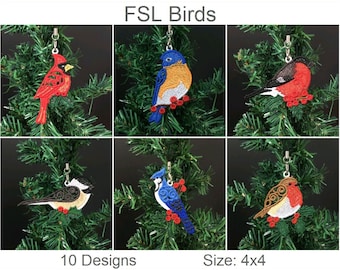 May include: A set of 10 embroidery designs featuring different bird ornaments, including a cardinal, bluebird, robin, chickadee, and blue jay. The designs are 4x4 inches and are available for instant download in various formats, including PES, HUS, JEF, ART, VIP, VP3, DST, XXX, and EXP.