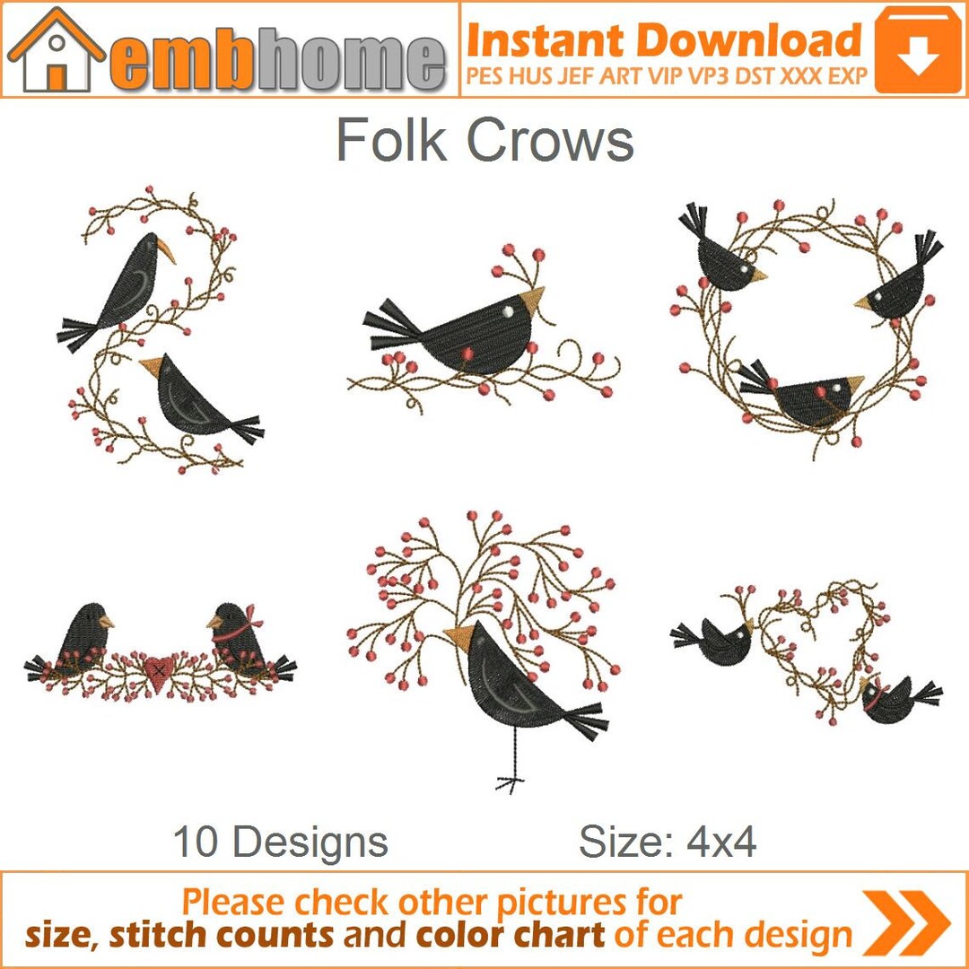 Folk Crows Vine Machine Embroidery Designs Pack Instant Download 4x4 ...