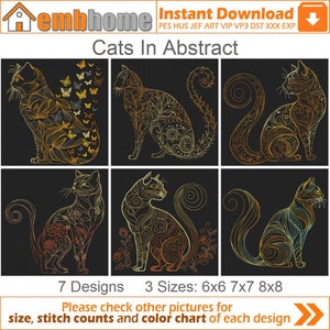 Chats en motifs de broderie Machine abstraites Téléchargement instantané 6 x 6 7 x 7 8 x 8 cerceau 7 dessins SHE5540