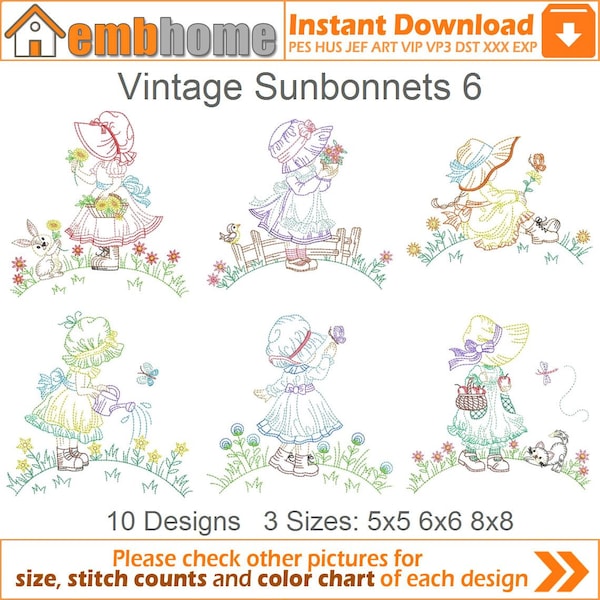 Vintage Sunbonnets Machine Embroidery Designs Pack Instant Download 5x5 6x6 8x8 hoop 10 designs APE2933