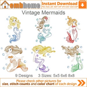 Vintage Mermaids Machine Embroidery Designs Pack Instant Download 5x5 6x6 8x8 hoop 9 designs APE2485