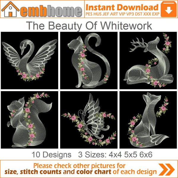 The Beauty Of Whitework Machine Embroidery Designs Instant Download 4x4 5x5 6x6 hoop 10 designs APE3411