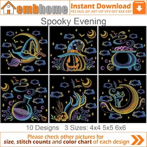 Puede incluir: Un conjunto de 10 diseños de bordado de Halloween con personajes y objetos espeluznantes, que incluyen una bruja, una calabaza, un caldero, una botella de poción, una mano, un gato y una luna creciente. Los diseños están disponibles en tres tamaños: 4x4, 5x5 y 6x6 pulgadas.  "Por favor, consulte otras imágenes para el tamaño, el conteo de puntadas y la tabla de colores de cada diseño."