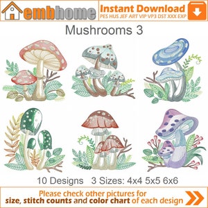 Mushrooms Embroidery Designs Instant Download 4x4 5x5 6x6 hoop 10 designs APE3487