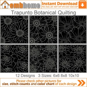 Trapunto Botanical Quilting Machine Embroidery Designs Pack Instant Download 6x6 8x8 10x10 hoop 12 designs SHE5550